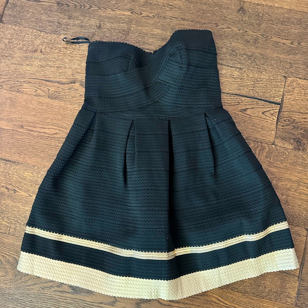 Strapless black and gold trim cocktail dress